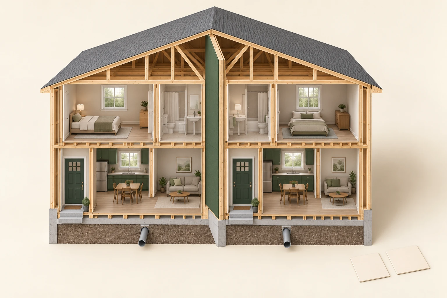 Conceptual front cutaway of two adjoining two-storey dwelling volumes with a roof, central green separating plane, two terminating pipe stubs and blank record cards