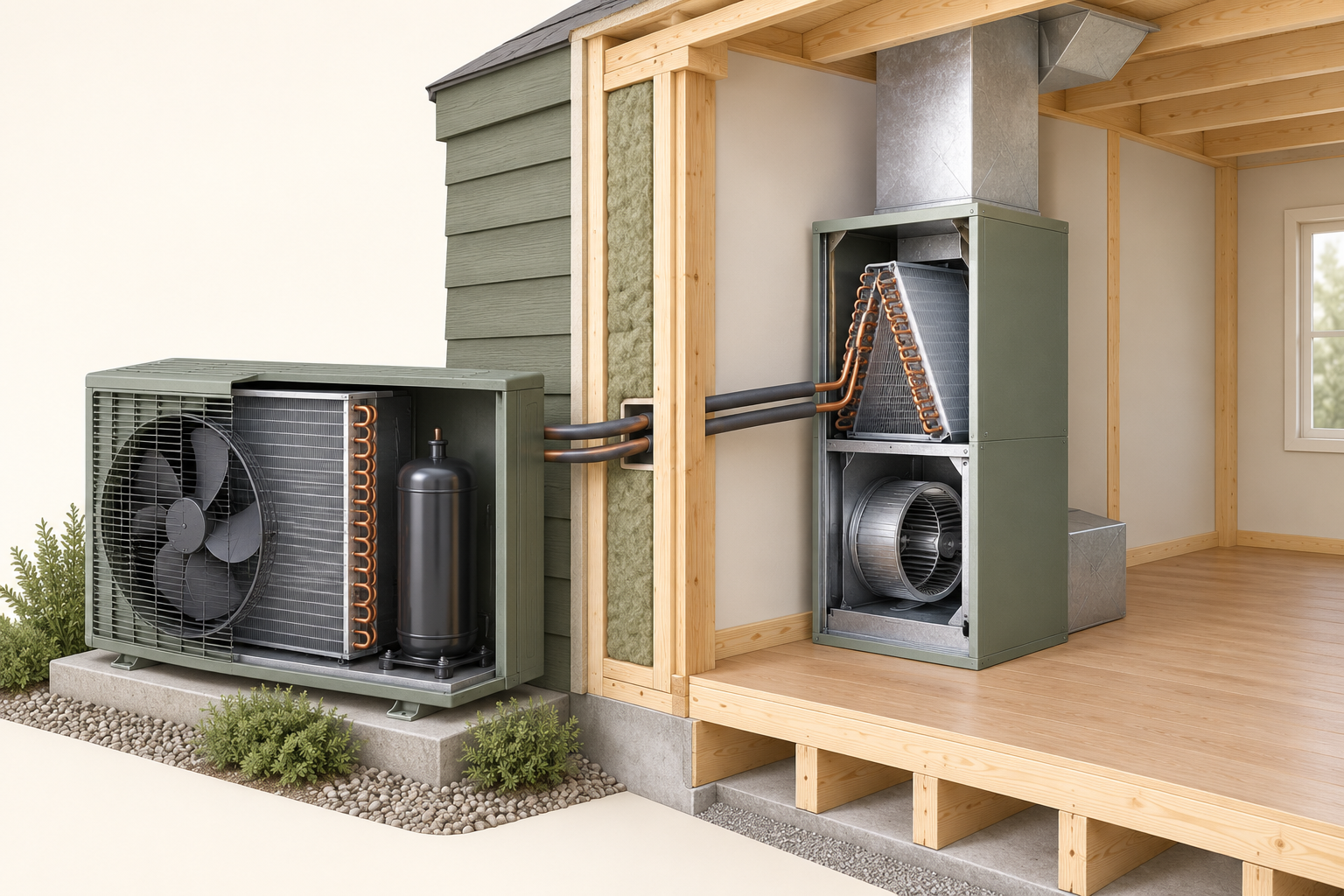 Original three-dimensional house-wall cutaway has an outdoor fan, finned coil and closed cylindrical component at left, wall-crossing tubes, and a separate indoor finned coil and blower in an air-handler cabinet at right.