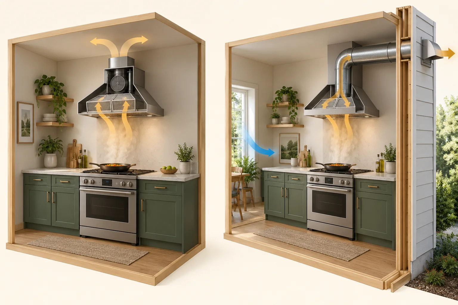 Two separate conceptual kitchens: one hood returns air to the room, the other has an exterior duct; cooking-plume arrows are illustrative.