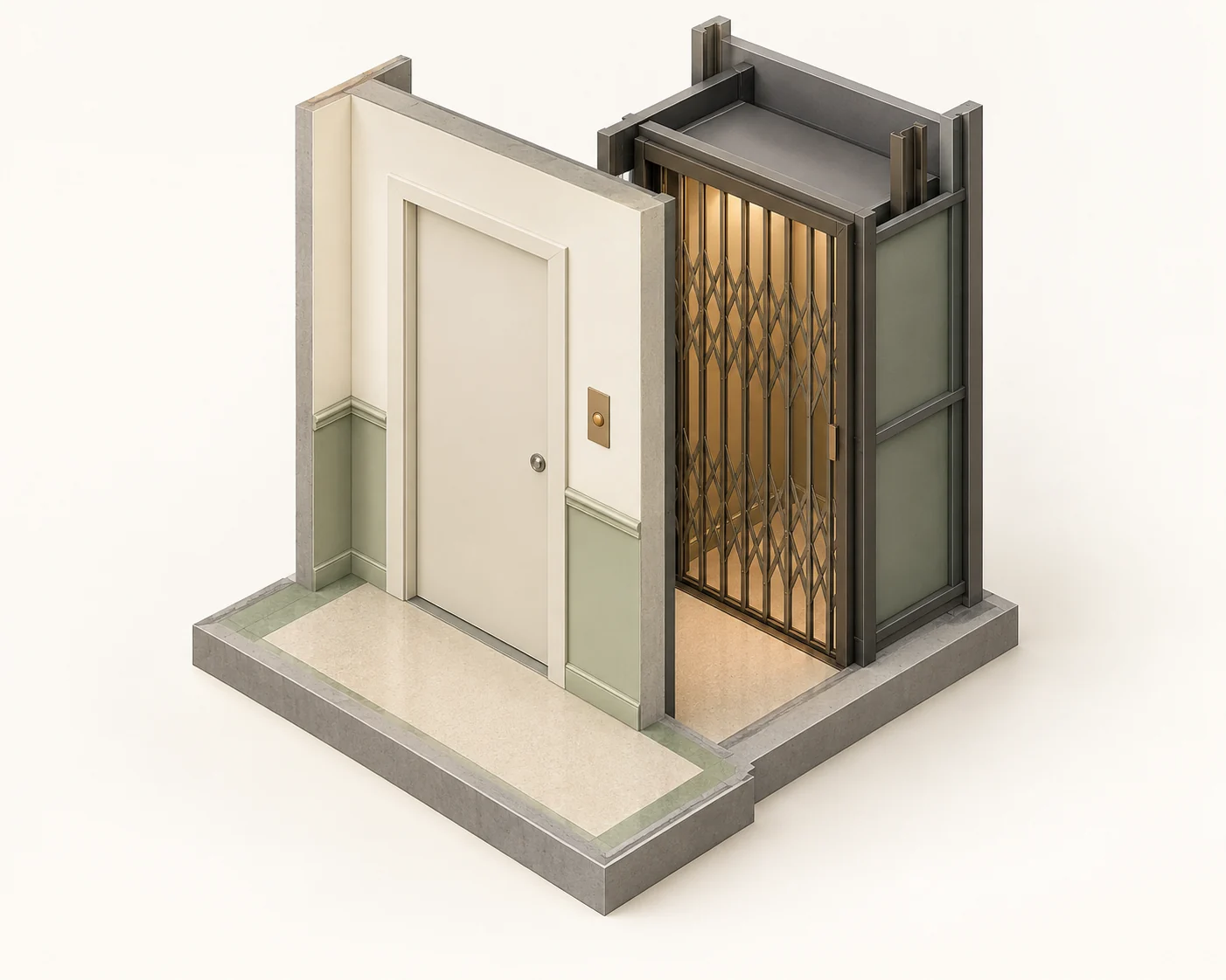 Fictional isolated landing-and-cabin display with a closed flat door in a pale wall at left and a separate closed lattice-like gate across a charcoal cabin specimen to the right, offset for visibility.