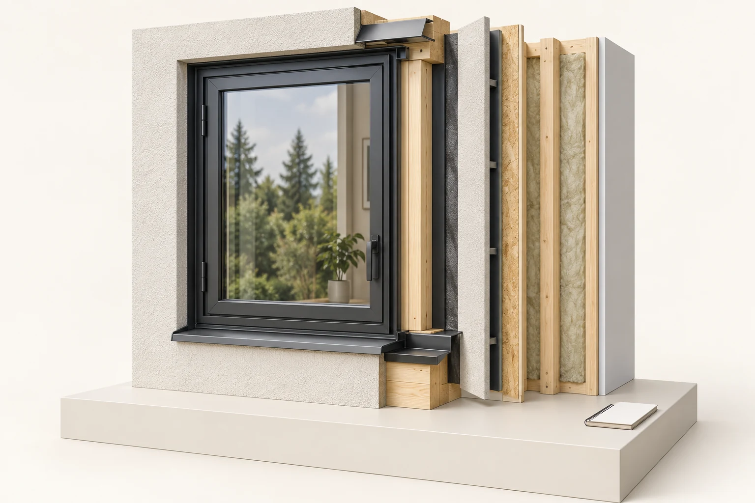 Conceptual closed graphite window with visible hinge-like and handle-like pieces, finished wall face, separated layer specimens and short head and sill metal props