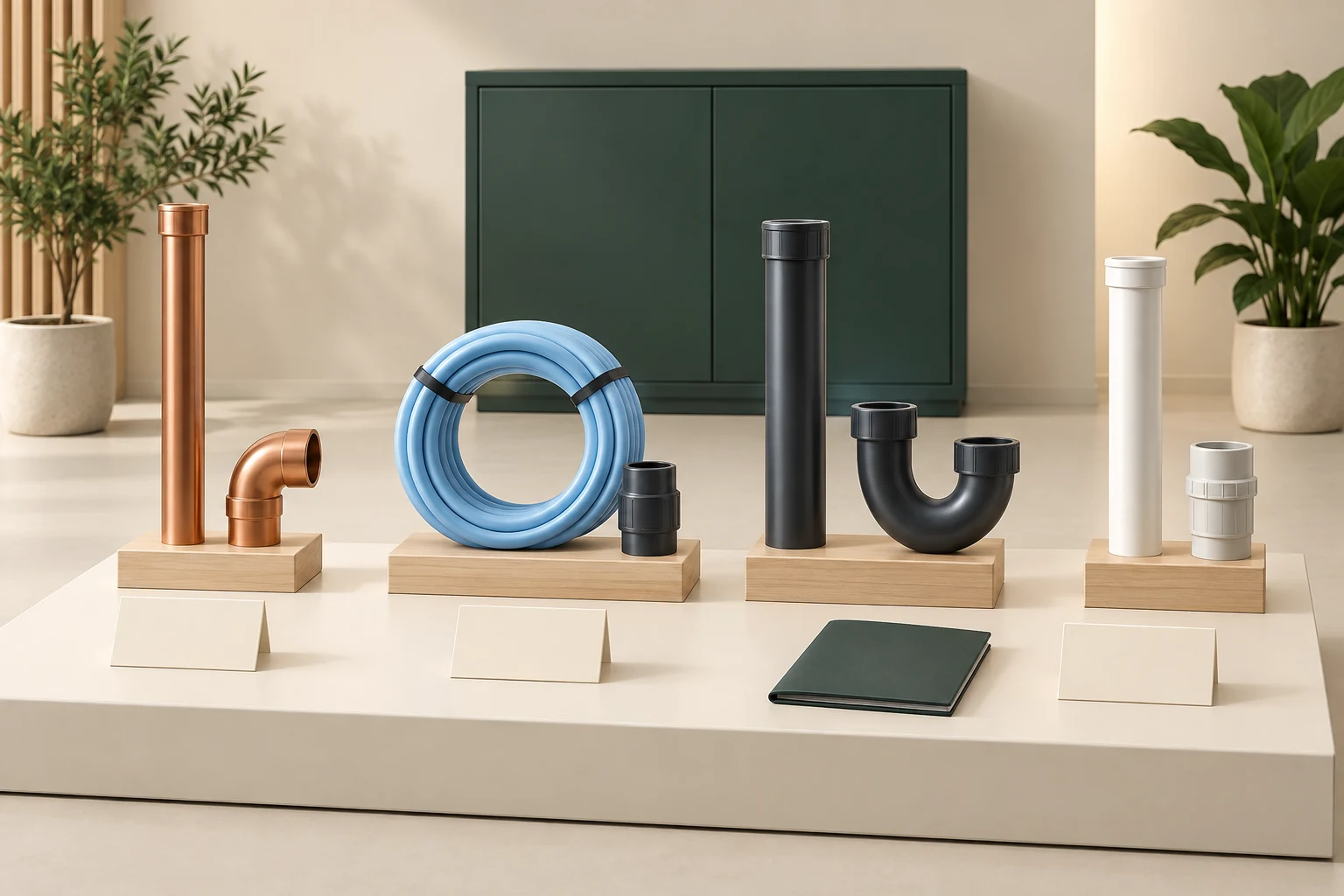 Parts arranged on a table: copper-coloured straight pipe and elbow, blue tubing coil, dark upright pipe and U-shaped part, white pipe and coupling, blank cards and closed folder