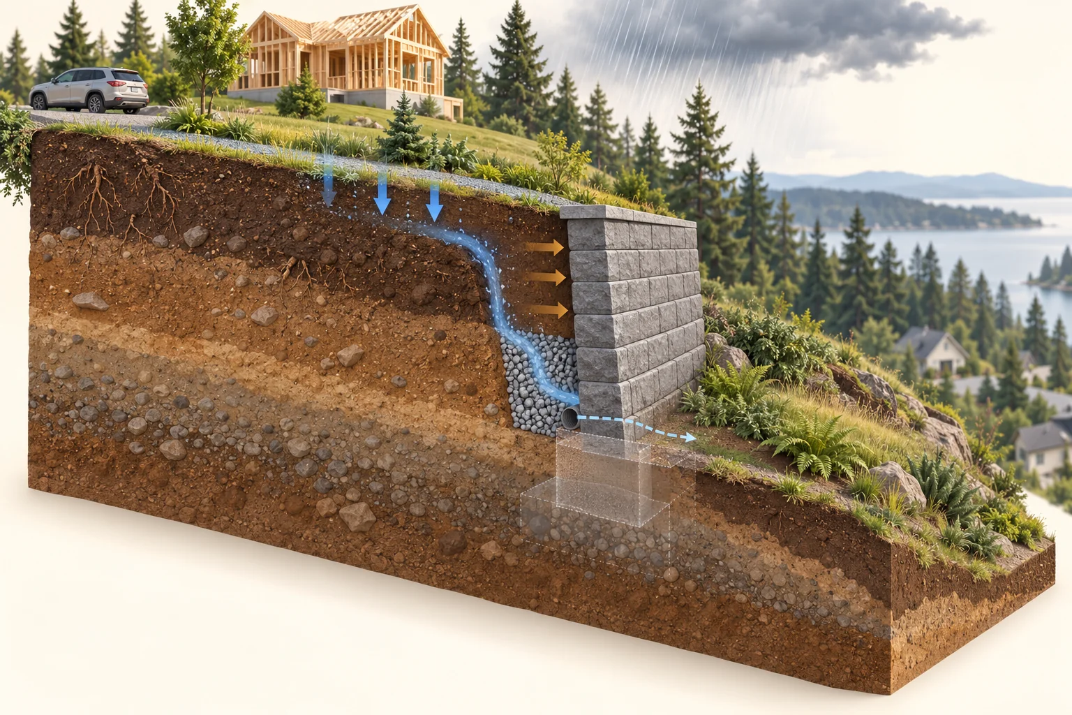 Conceptual retained-soil section with a wall, rain and sideways arrows, an illustrated drainage path and faded buried support.