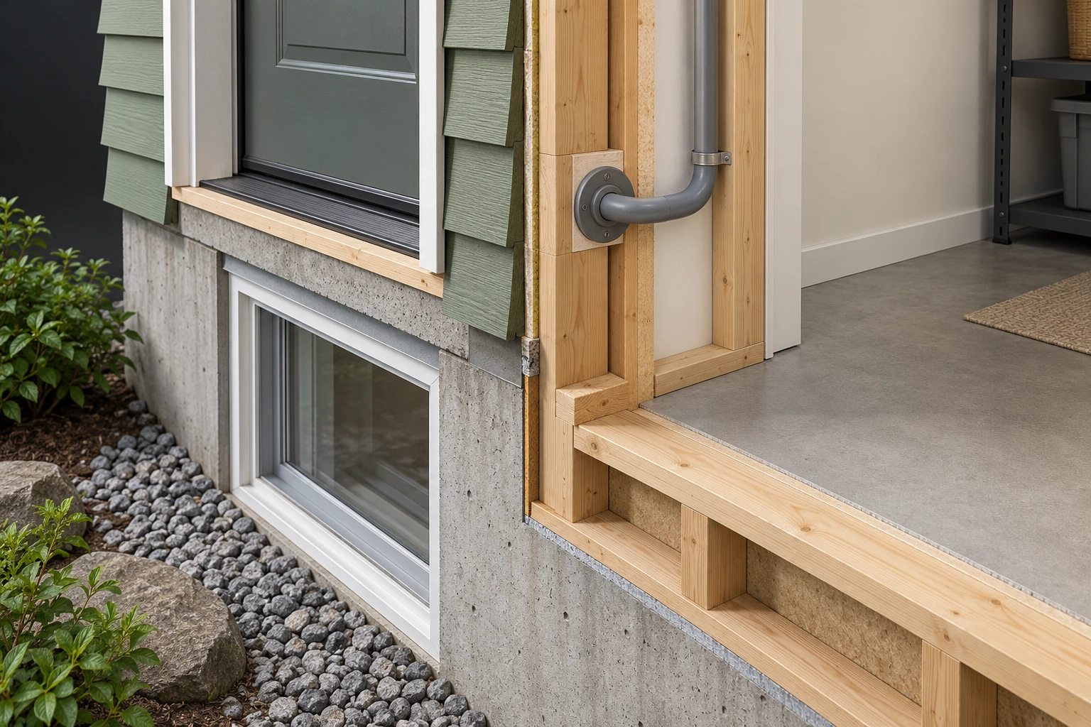 Close cutaway of a closed exterior door threshold, closed basement window and a closed service conduit with a perimeter collar.