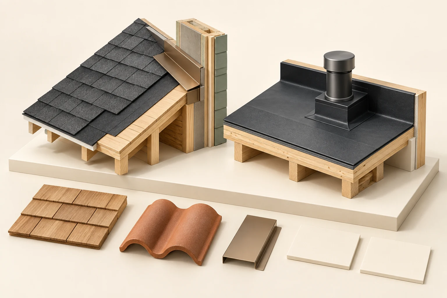 Conceptual pitched shingle-like roof beside a wall, separate low-slope dark roof with raised curb and cylindrical penetration, timber cut edges, detached wood-like tile-like and folded metal specimens