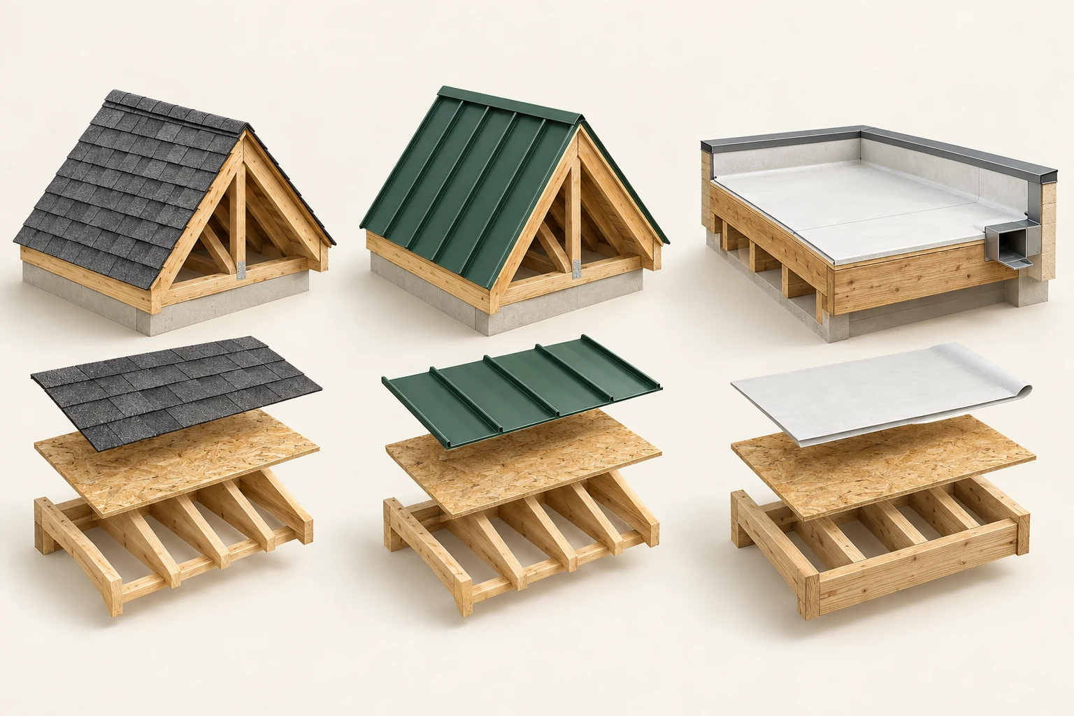 Three separate conceptual roof specimens: asphalt shingles, standing-seam metal and a low-slope membrane with side outlet