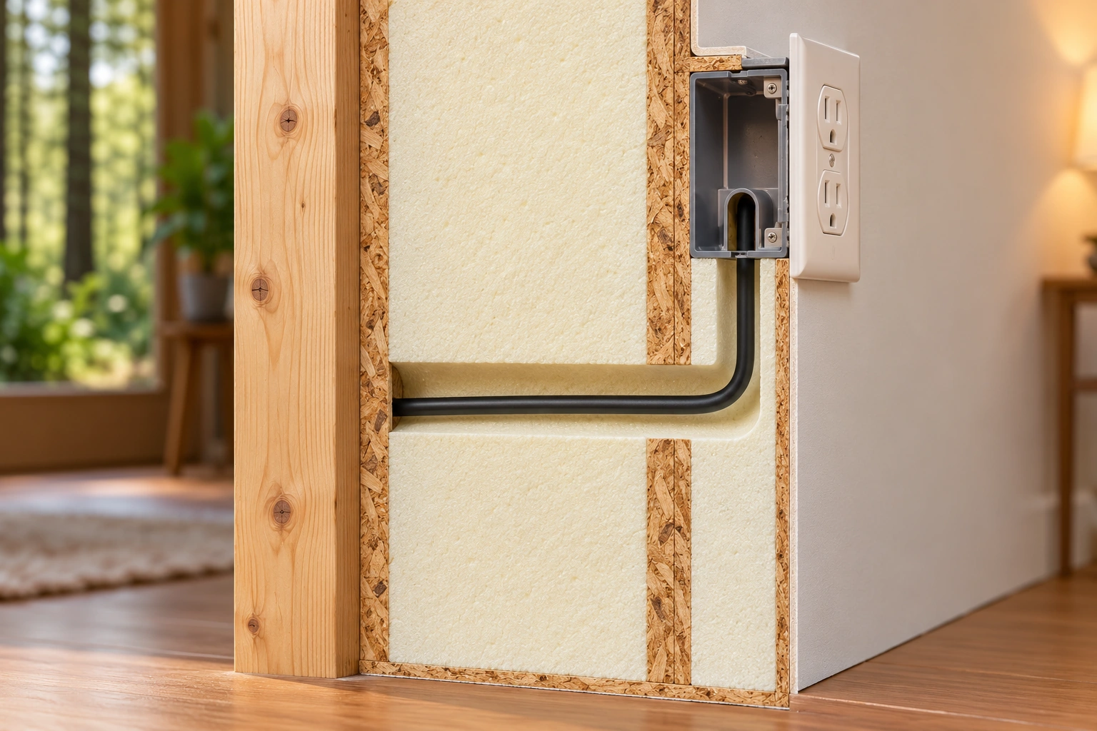 A planned service route is different from a new opening. An L-shaped cable route passes through the pictured foam core toward a receptacle area. The wood skins and edge timber remain separate construction parts; the route’s left termination and exact box entry are partly concealed.