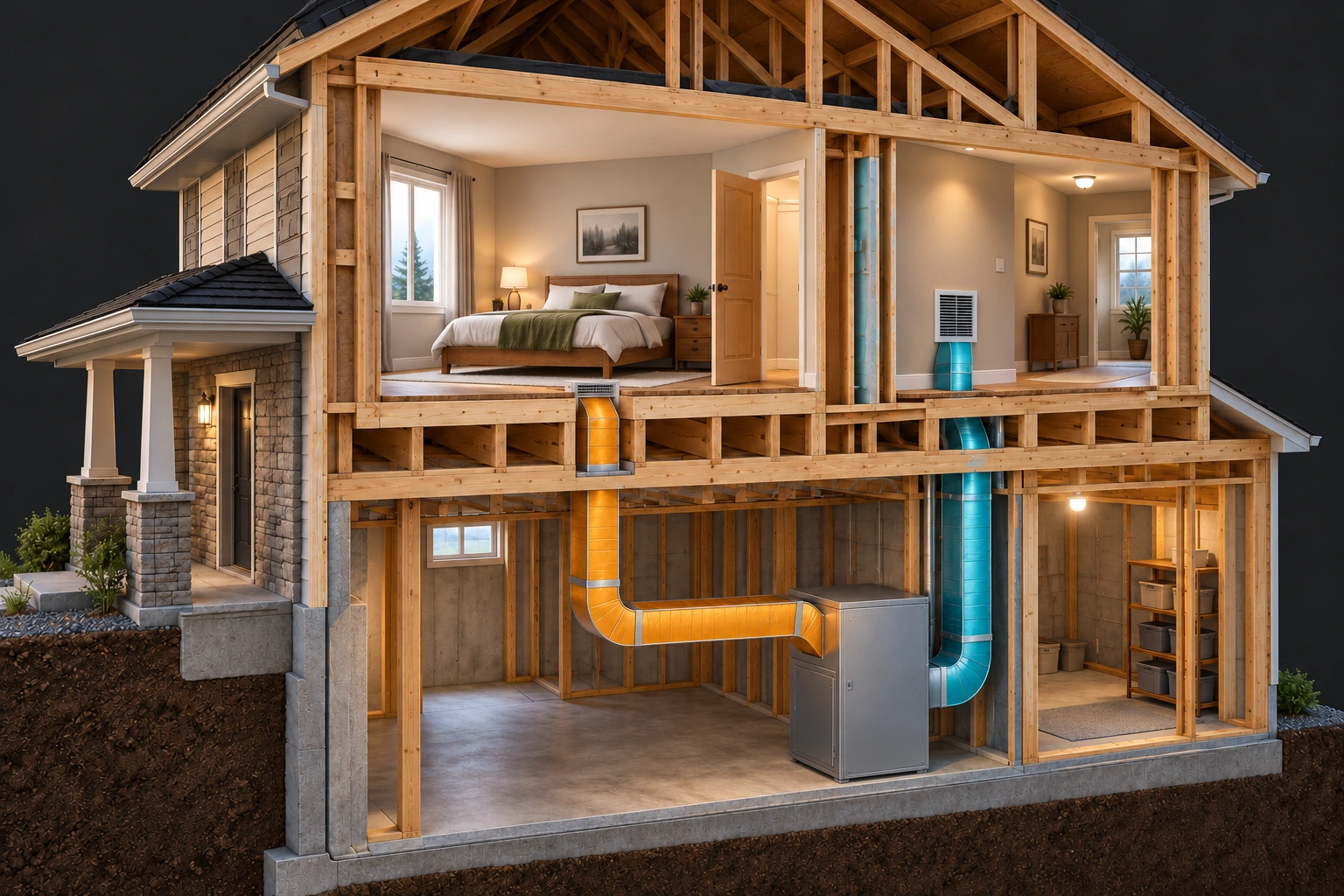 A conceptual cutaway house shows an amber supply duct from a closed basement cabinet to a bedroom floor register, an open bedroom doorway and a separate teal hallway-return duct connected back to the cabinet.