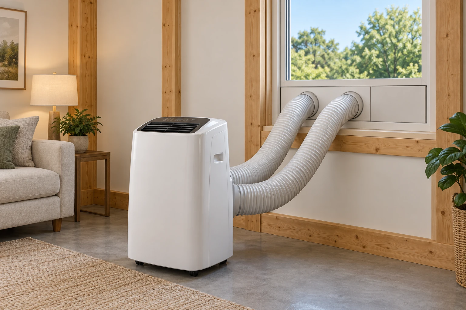 Two continuous ducts connect the closed portable unit to separate window-panel openings. The native comparison explains outside condenser intake and discharge while keeping room circulation distinct.