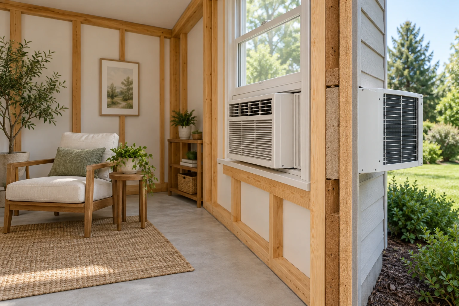 The closed unit’s room face and outdoor body span the conceptual exterior plane. The room side circulates cooled air; the outdoor side rejects heat through its own route.