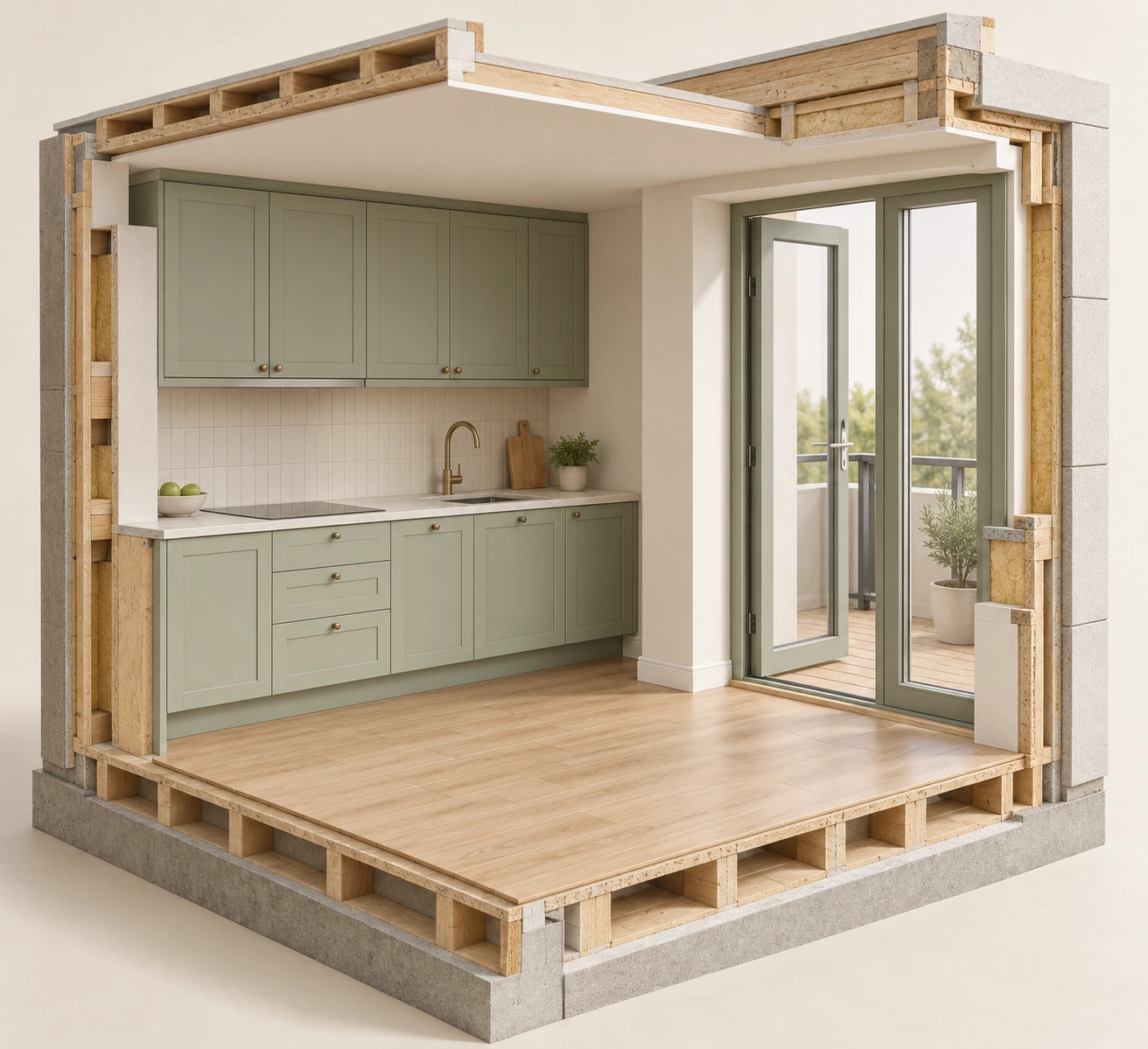Kitchen finishes and balcony doorway in an architectural cutaway; no contracted product, dimension, substitution consent or specification proof.