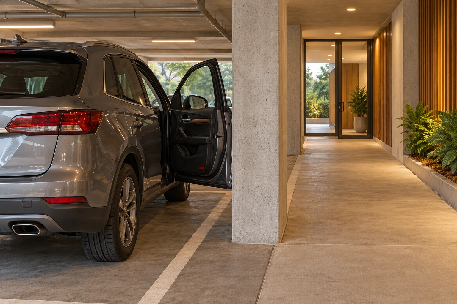 The vehicle door and column affect the passenger task. An open vehicle door is partly behind a concrete column, while a separate pedestrian route leads toward the building door. This makes vehicle access and the onward route different things to examine.