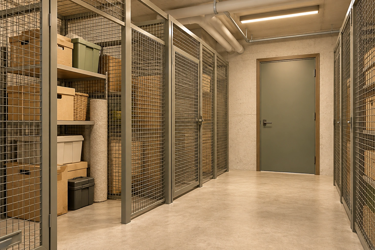 A locker enclosure and shared aisle answer separate questions. Mesh enclosures line a shared aisle. The front-left locker is open with shelves and belongings, while a solid door closes the far end of the pictured route.