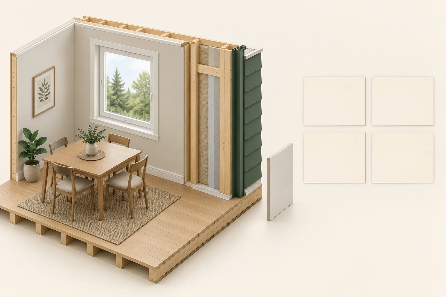 Conceptual window and dining-room wall cutaway with a green exterior corner strip, detached finish sample and four separate blank record cards