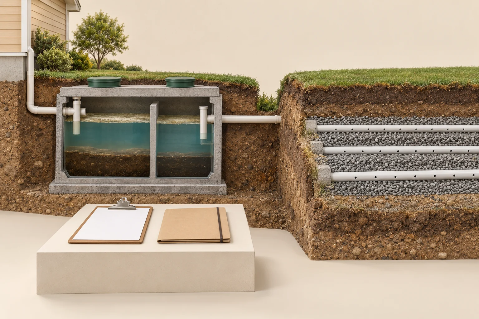 Separate conceptual tank and downstream gravel-bed sections with closed green covers above tank layers, an illustrative outlet ending at a display gap, perforated-looking pipes at right and a blank clipboard and booklet in front.